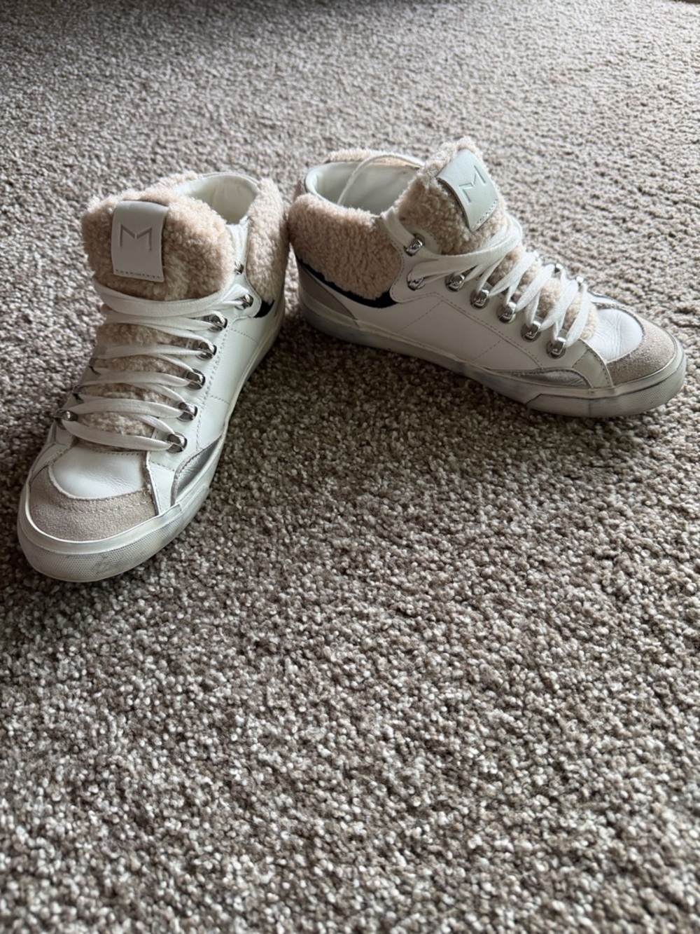 Marc Fisher Cream and Beige Shearling-Trim High-Top Sneakers - Picture 1 of 1